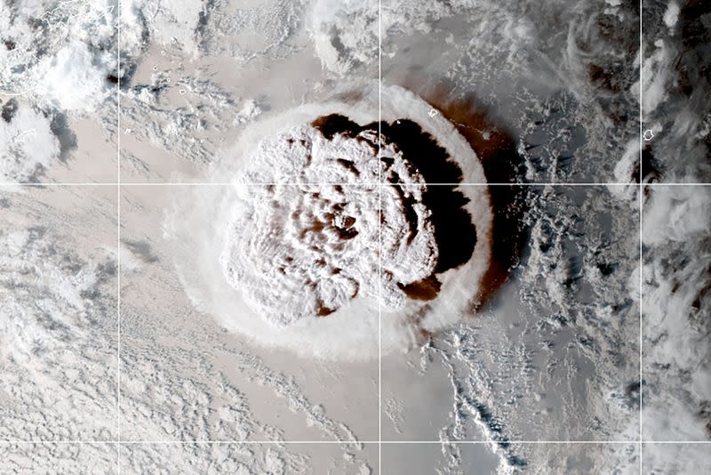 Satellite view of the eruption of an underwater volcano off Tonga