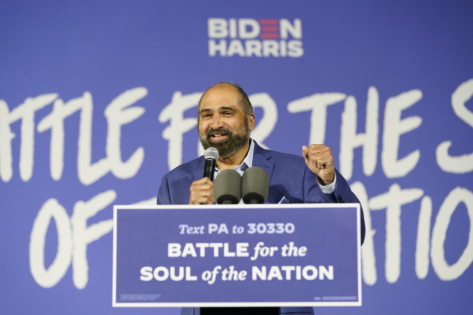 Former NFL Pittsburgh Steelers player Franco Harris speaks during a drive-in rally for Democratic presidential candidate former Vice President Joe Biden at Lexington Technology Park, Monday, Nov. 2, 2020, in Pittsburgh. (AP Photo/Andrew Harnik)