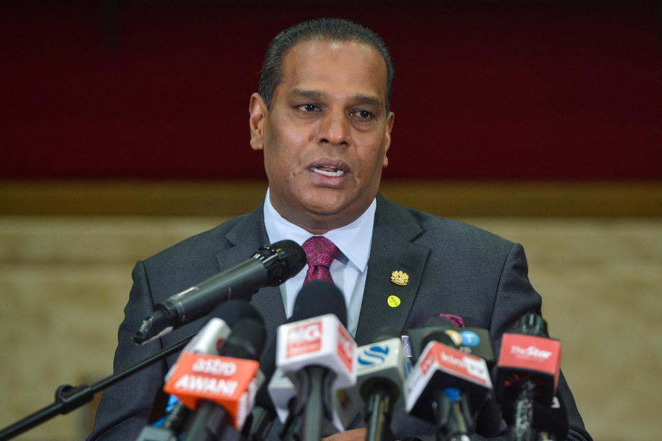 Human Resources Minister Datuk Seri M. Saravanan speaks during a press conference at the Ministry of Human Resources, Putrajaya December 3, 2020. — Picture by Miera Zulyana