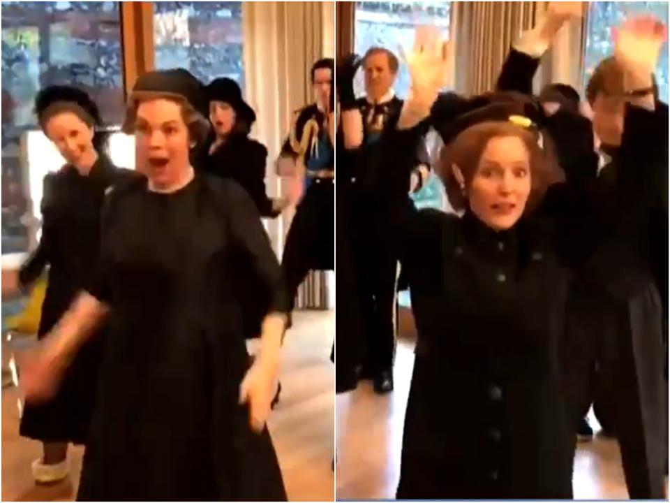 The cast of The Crown dancing to Lizzo before filming a funeral scene in season four (NBC)