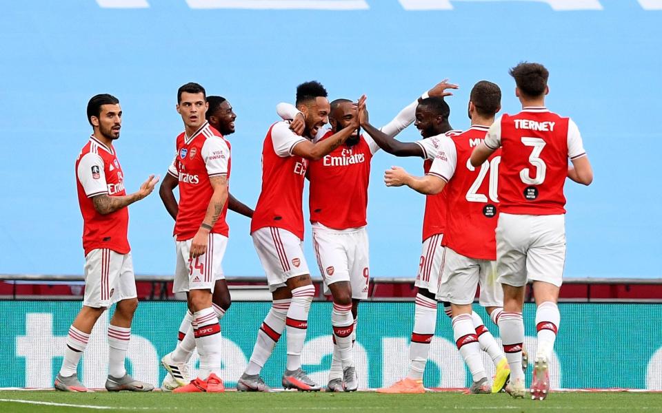 Pierre-Emerick Aubameyang celebrates during the FA Cup semi-final win over Man City - AP