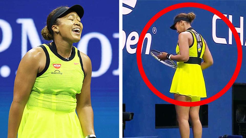 Naomi Osaka (pictured left) reacting after losing a point and (pictured right) taking her time at the back of the court, which drew the ire of the US Open crowd.