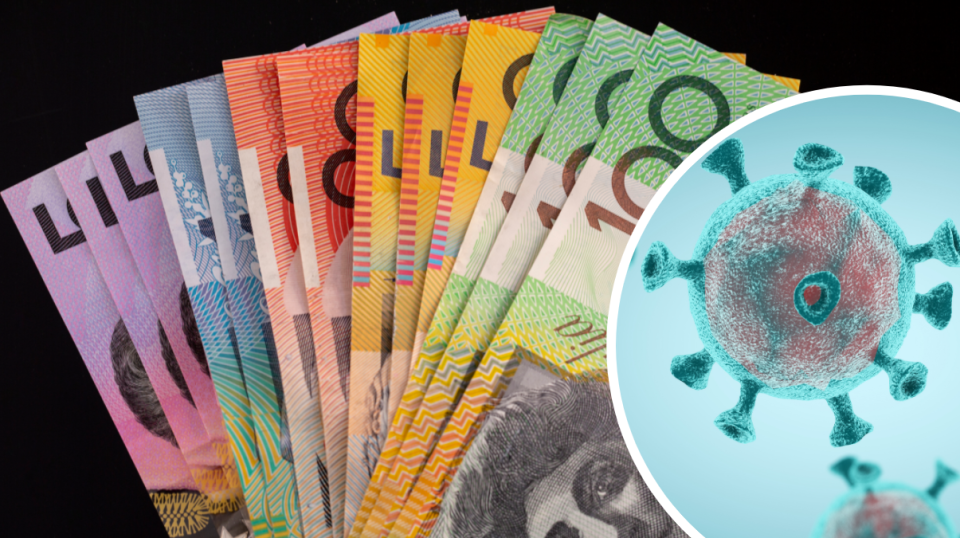 Pictured: Australian cash, coronavirus graphic. Victoria restrictions and $1,500 payment concept. Images: Getty