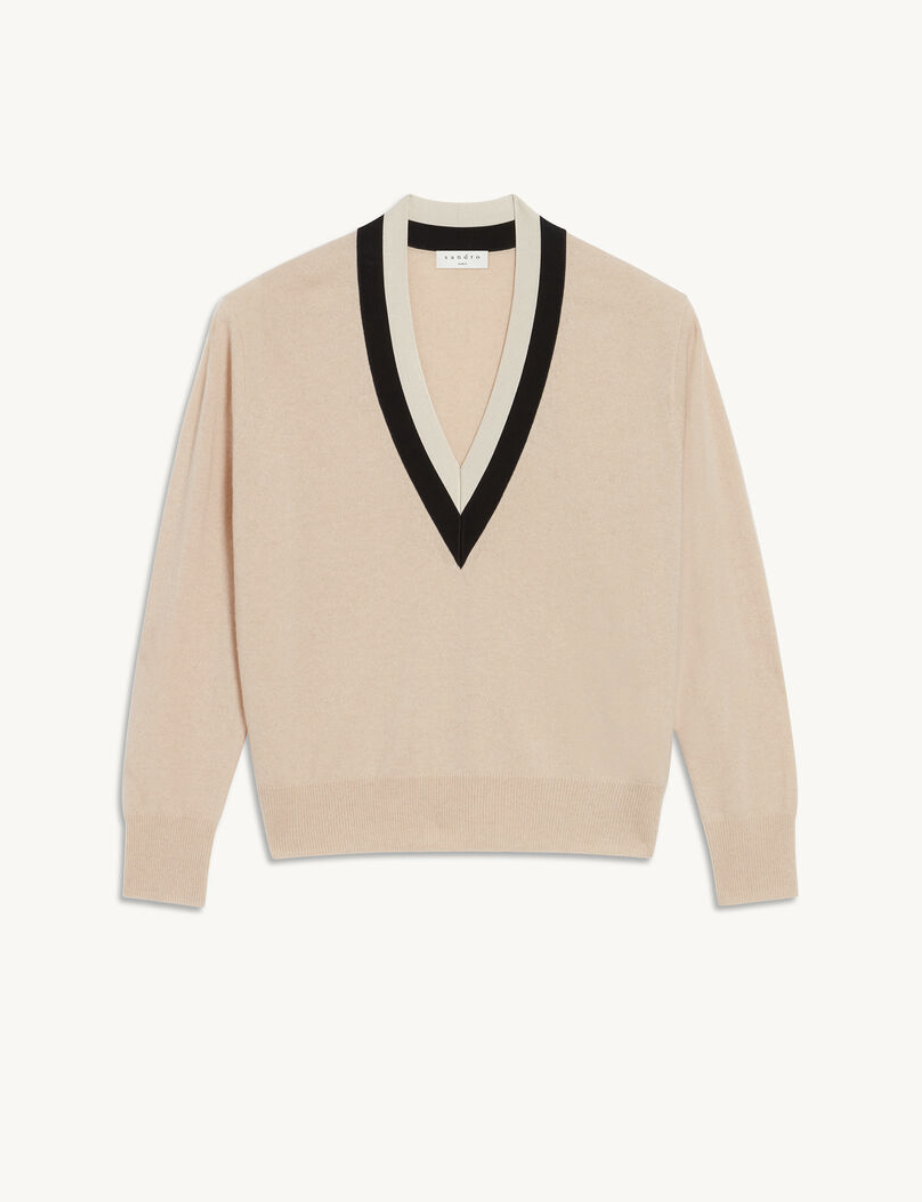 Knitted Sweater with Wide Two-Tone Trim