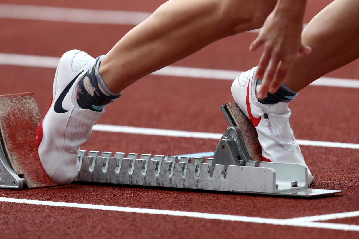 A generic shot of a runner as they go through their warm up procedure for starting out of the blocks   (Photo by John Walton - PA Images via Getty Images)