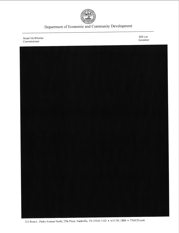 A page from a briefing document prepared for Gov. Bill Lee by the Tennessee Department of Economic and Community Development is shown fully redacted. TNECD and the Governor's office fully redacted more than 180 pages of material in response to a records request from The Tennessean for documents relating to the governor's travel to Paris, France, and Bologna, Italy in June 2023.