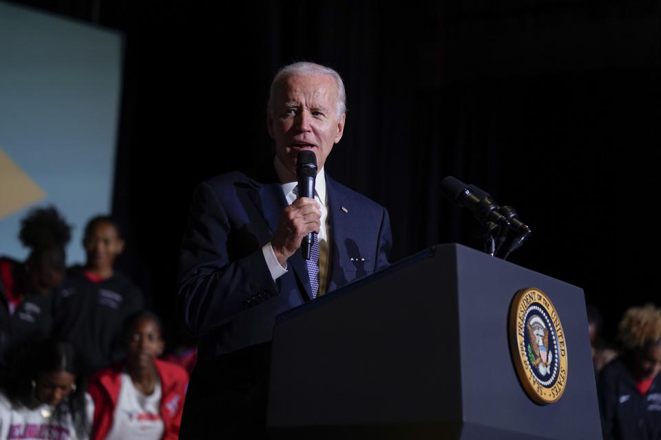 President Joe Biden speaks about student loan debt relief at Delaware State University, Friday, Oct. 21, 2022, in Dover, Del. (AP Photo/Evan Vucci)