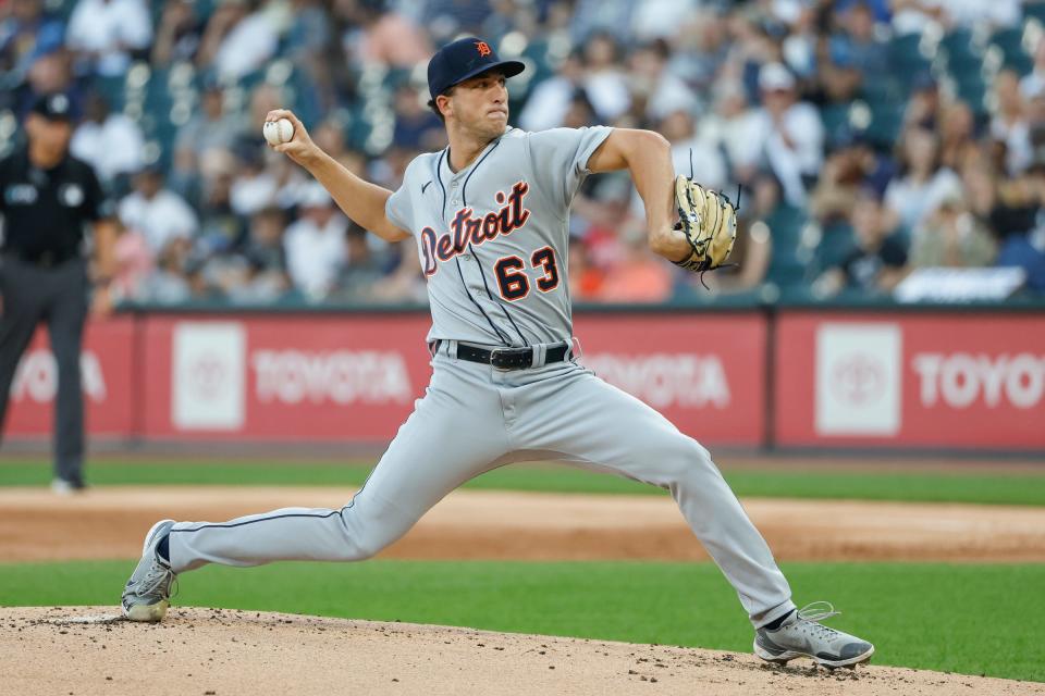 Detroit Tigers starting pitcher Beau Brieske (63) delivers against the Chicago White Sox during the first inning at Guaranteed Rate Field.