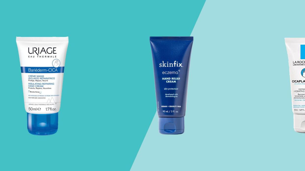 anti aging hand creams from uriage, skinfix, la roche posay in front of two blue triangles