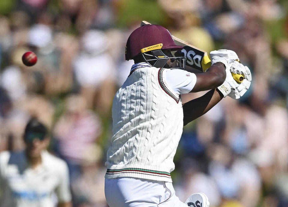 West Indies' Shamarh Brooks bats against New Zealand during play on the second day of their second cricket test at Basin Reserve in Wellington, New Zealand, Saturday, Dec. 12, 2020. (Andrew Cornaga/Photosport via AP)