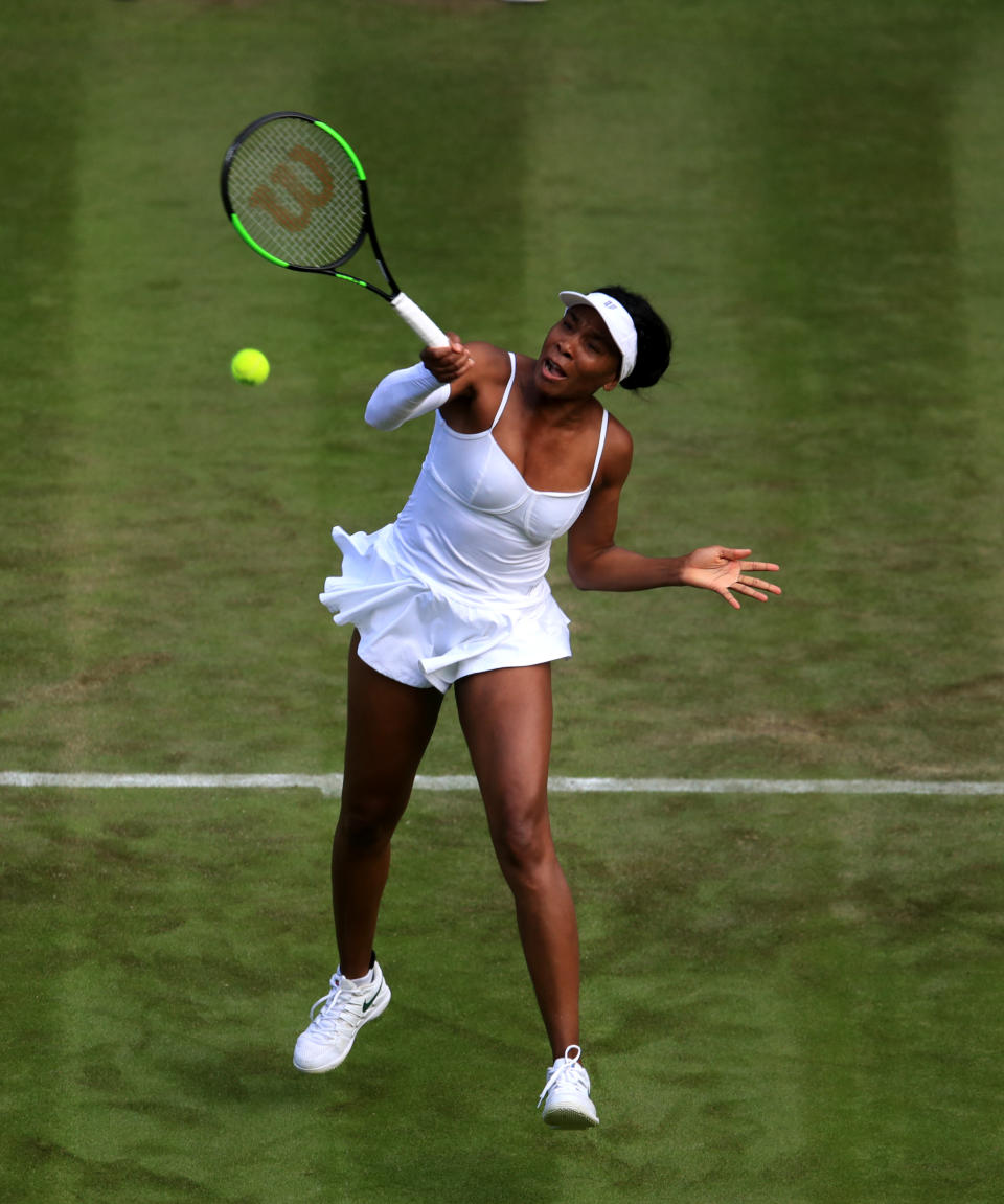 Venus Williams in action against Cori Gauff on day one of the Wimbledon Championships at the All England Lawn Tennis and Croquet Club, Wimbledon.