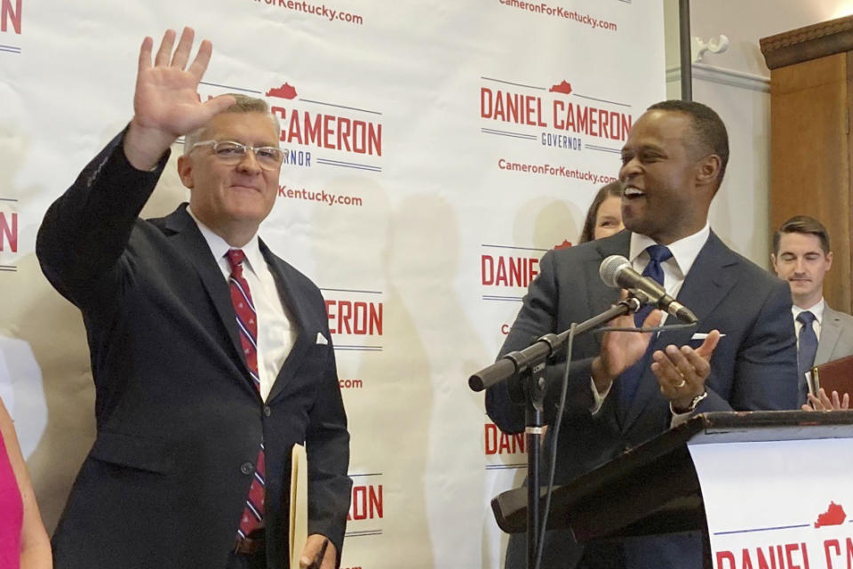 Kentucky state Sen. Robby Mills waves to supporters on Wednesday, July 19, 2023, in Frankfort, Ky. Republican gubernatorial nominee Daniel Cameron selected Mills as his running mate for the November election. (AP Photo/Bruce Schreiner)