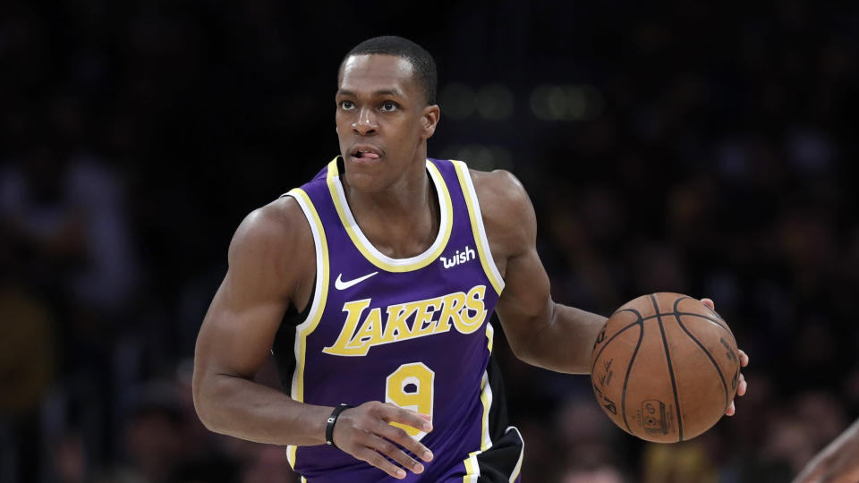 Los Angeles Lakers' Rajon Rondo during an NBA basketball game against the New Orleans Pelicans Wednesday, Feb. 27, 2019, in Los Angeles. (AP Photo/Marcio Jose Sanchez)