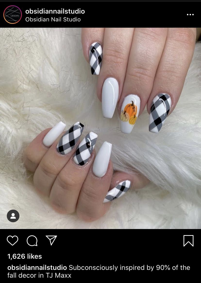 <p>This manicure, done by the <a href="https://www.instagram.com/p/CEHbtZBjEde/" rel="nofollow noopener" target="_blank" data-ylk="slk:Obsidian Nail Studio;elm:context_link;itc:0;sec:content-canvas" class="link ">Obsidian Nail Studio</a>, is the best of fall decor while the pumpkin patch accent adds a subtle nod to Halloween.</p><p><a class="link " href="https://go.redirectingat.com?id=74968X1596630&url=https%3A%2F%2Fwww.etsy.com%2Flisting%2F935722925%2Fgingham-black-with-white-color-nail&sref=https%3A%2F%2Fwww.oprahdaily.com%2Fbeauty%2Fskin-makeup%2Fg33239588%2Fhalloween-nail-ideas%2F" rel="nofollow noopener" target="_blank" data-ylk="slk:SHOP GINGHAM NAIL WRAPS;elm:context_link;itc:0;sec:content-canvas">SHOP GINGHAM NAIL WRAPS</a></p>