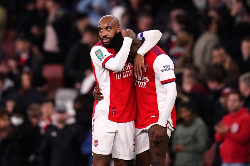 Alexandre Lacazette and Eddie Nketiah (right) are both out of contract this summer (John Walton/PA) (PA Archive)