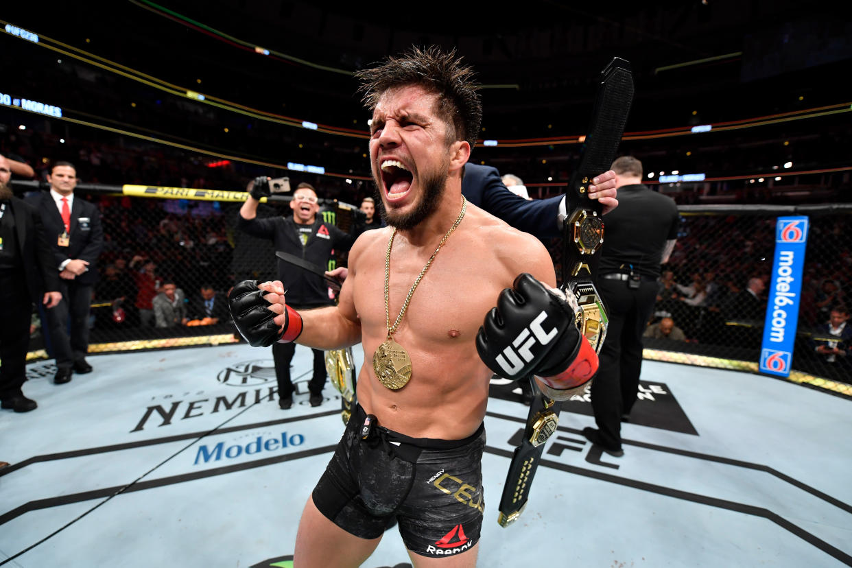 Henry Cejudo celebrates his TKO victory over Marlon Moraes of Brazil.