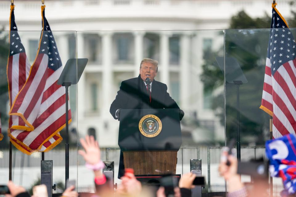 President Trump is pictured speaking to his supporters at a rally on the Ellipse near the White House on Jan. 6, 2021.