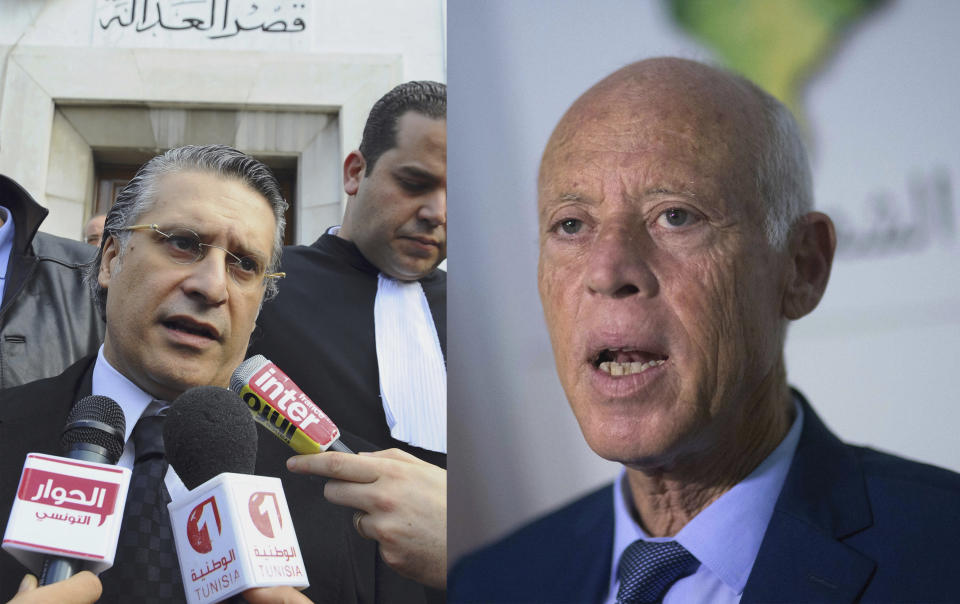 This combination photo shows Nabil Karoui speaking to press after his trial in Tunis, Jan. 23, 2012, left, and Kais Saied speaking to the media in Tunis, Sept. 17, 2019. Tunisia’s electoral authority says on Tuesday, Sept. 17 that jailed media magnate Nabil Karoui and independent law professor Kais Saied are advancing to the country’s presidential election runoff. The electoral commission has announced that the two outsider candidates have come out on top in the first round of voting. (AP Photo)