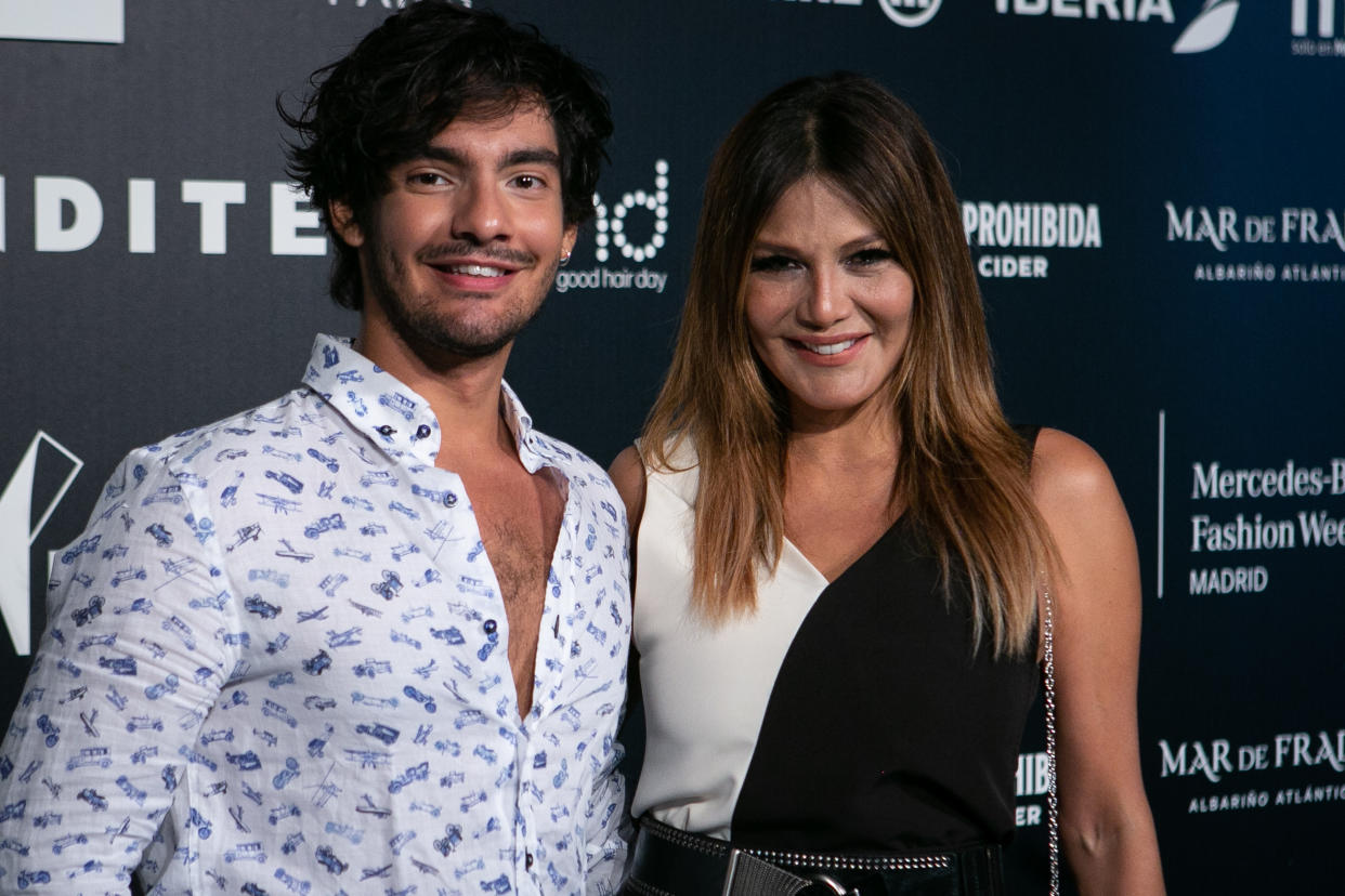 MADRID, SPAIN - SEPTEMBER 17: Ivonne Reyes (R) and son Alejandro Reyes Torres (L) attend Hannibal Laguna fashion show during the Merecedes Benz Fashion Week September 2021 edition at Ifema on September 17, 2021 in Madrid, Spain. (Photo by Pablo Cuadra/Getty Images)