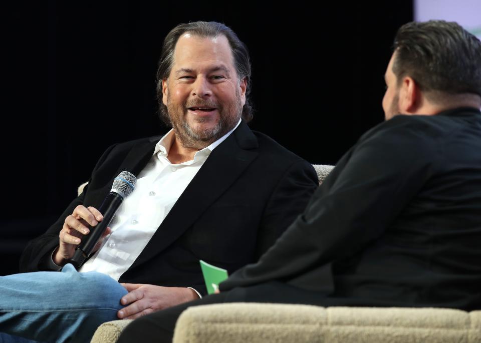 Salesforce chairman and co-CEO Marc Benioff speaks during the TechCrunch Disrupt SF 2019 conference at Moscone Center on October 03, 2019 in San Francisco, California.