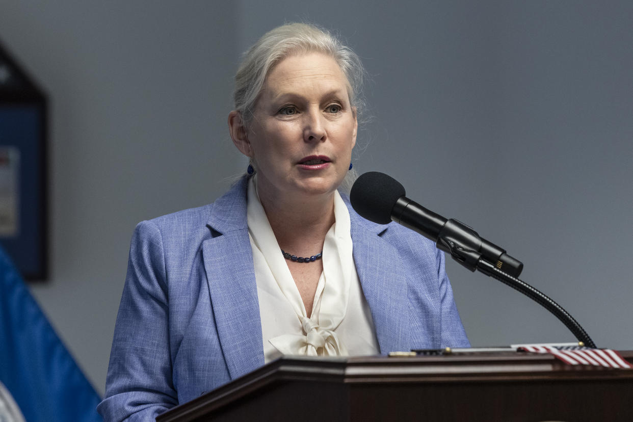 NEW YORK, UNITED STATES - 2022/06/01: U. S. Senator Kirsten Gillibrand speaks during Memorial Day naturalization ceremony at USCIS New York District Office. 102 people originated from 38 countries became new U. S. citizens. They tookn the Oath and pledged Allegiance. (Photo by Lev Radin/Pacific Press/LightRocket via Getty Images)