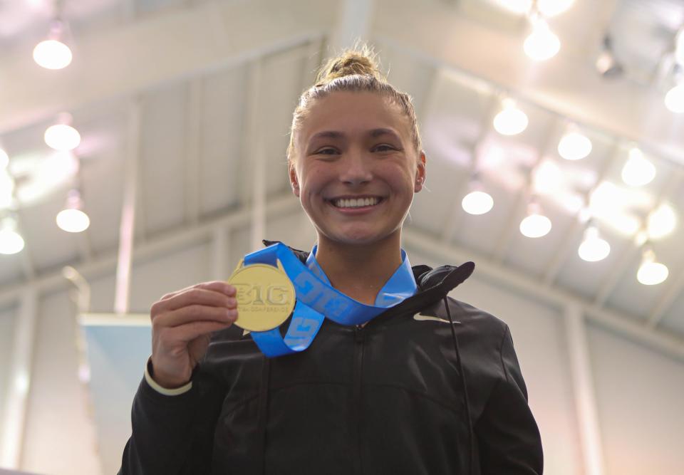 Gahanna Lincoln graduate Maycey Vieta, shown here after winning the 2023 Big Ten diving title for Purdue, will dive for Puerto Rico in the 2024 Summer Olympics.