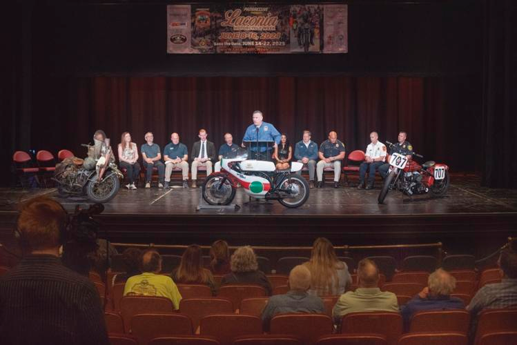 Laconia City Manager Kirk Beattie speaks during a press conference to kick off the 101st Laconia Motorcycle Week at the Colonial Theatre in Laconia on Thursday morning.