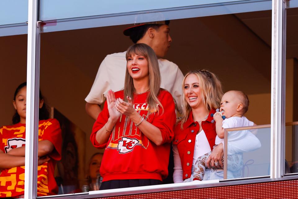 Taylor Swift and Brittany Mahomes look on during a game between the Los Angeles Chargers and Kansas City Chiefs on Oct. 22, 2023, at Arrowhead Stadium in Kansas City, Missouri.