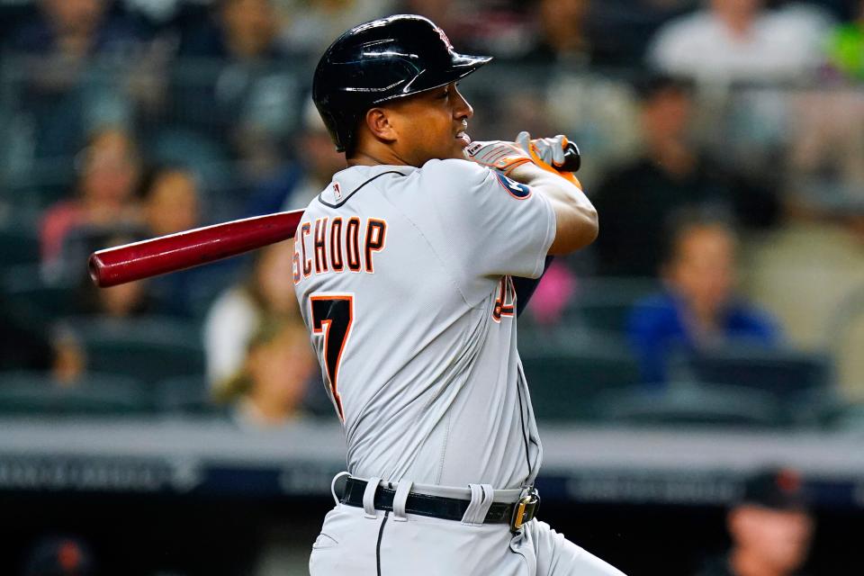 Detroit Tigers' Jonathan Schoop watches his single during the seventh inning against the New York Yankees on Friday, June 3, 2022, at Yankee Stadium in New York.