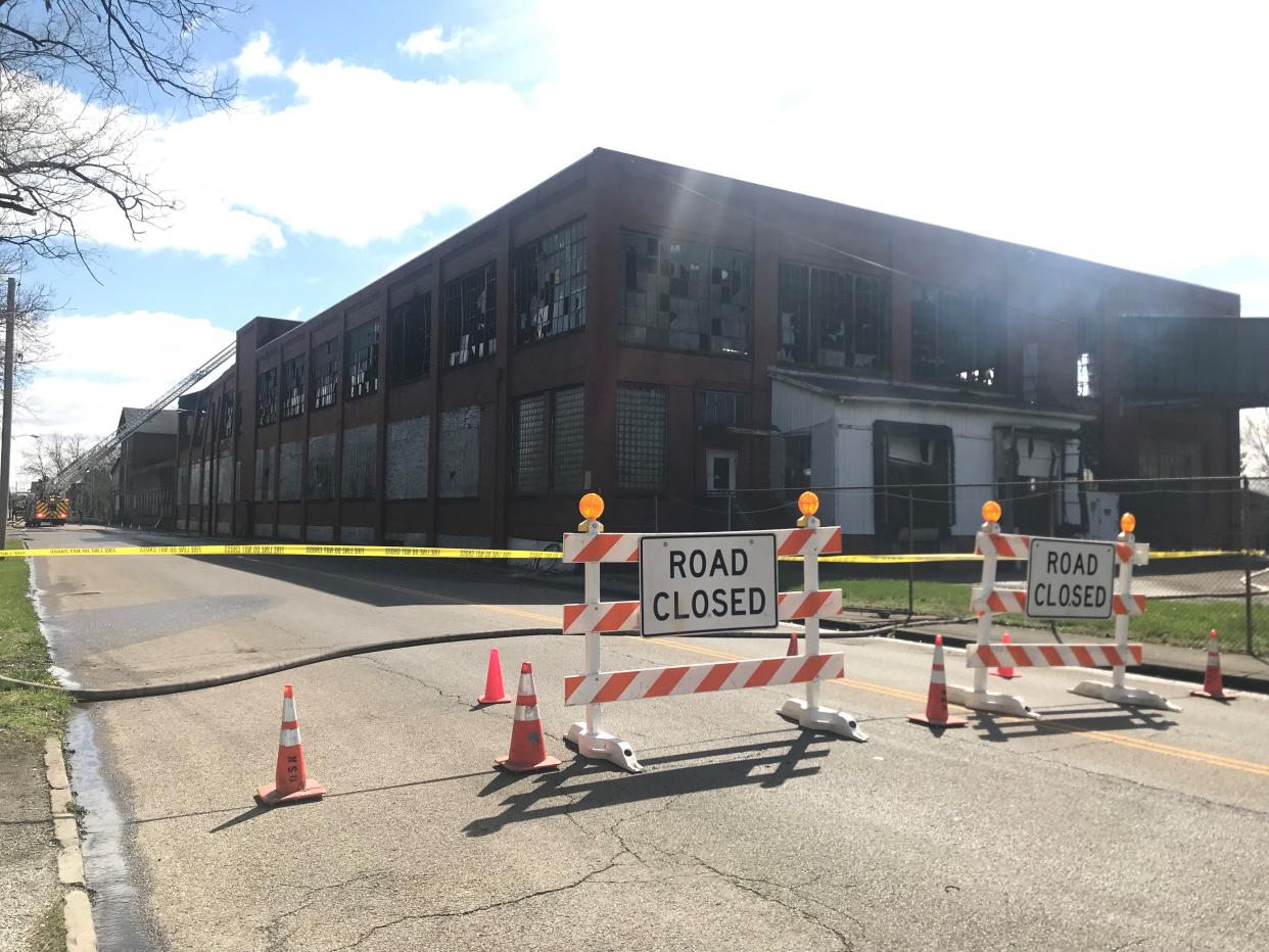 The aftermath of Sunday morning's fire at Newark Station on West Main Street. The building, previously slated to be demolished, was in danger of collapse, forcing the indefinite closure of West Main Street.