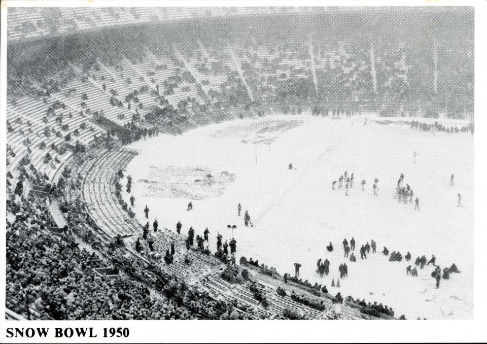 Ohio State played host to Michigan for its homecoming game Nov. 25, 1950, in the midst of a blizzard. A crowd of 50,503 braved the 10-degree temperature, 28-mph winds and 4 inches of snow that fell during the game. Michigan gained 27 total yards and did not record a first down, but still won 9-3 to secure a spot in the Rose Bowl.