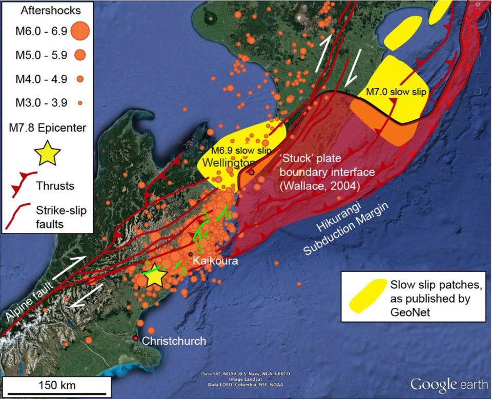 The Kaikoura earthquake, on Nov. 14, 2016, ruptured several faults and produced a kind of slow-motion temblor that increases the risk of future seismic action in the region, scientists say. <cite>Google Earth, modified by Ake Fagereng</cite>