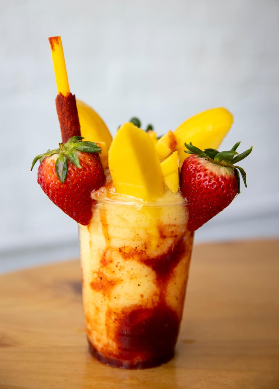 The mango mix drink is served with mangos, strawberries and chamoy at La Cazuela Mexican Restaurant in Independence, Ore.