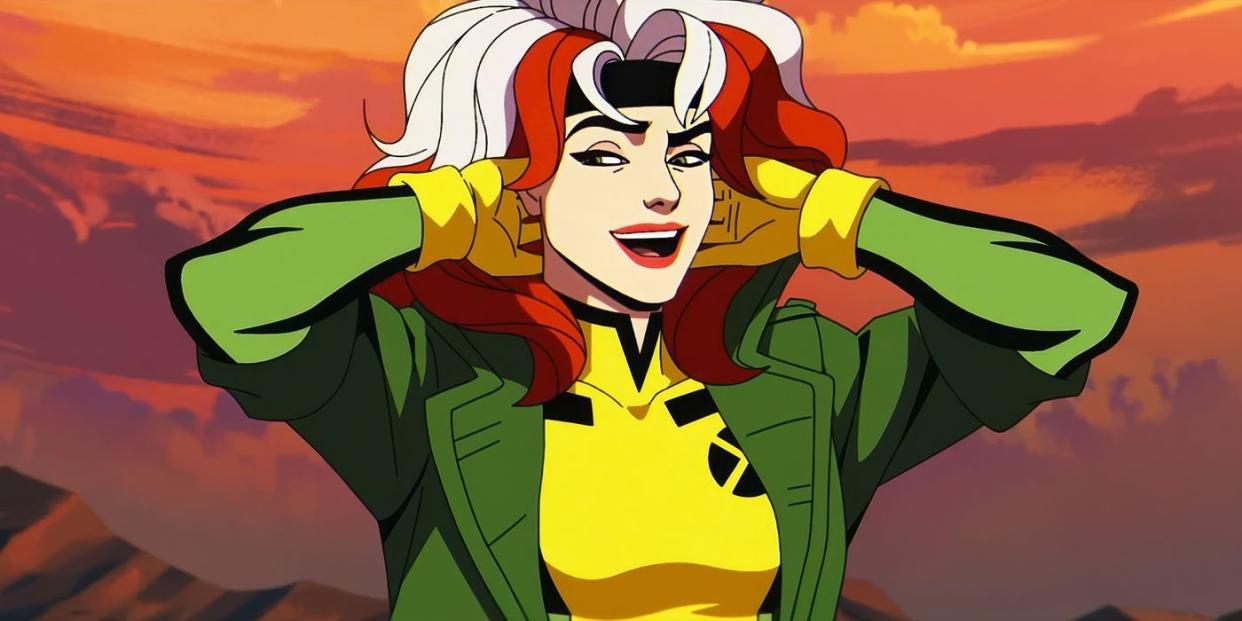 a woman with red and white hair standing in a yellow and green suit