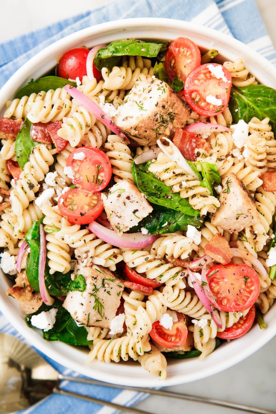 <p>This protein-filled pasta salad will actually fill you up.</p><p>Get the recipe from <a href="https://www.delish.com/cooking/recipe-ideas/a25136514/chicken-pasta-salad/" rel="nofollow noopener" target="_blank" data-ylk="slk:Delish;elm:context_link;itc:0;sec:content-canvas" class="link ">Delish</a>. </p>