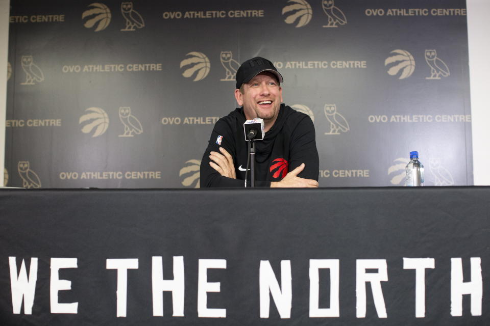 Toronto Raptors head coach Nick Nurse takes questions from the media in Toronto on Sunday, June 16, 2019. The Raptors defeated the Golden State Warriors in Game 6 of basketball's NBA Finals. (Chris Young/The Canadian Press via AP)