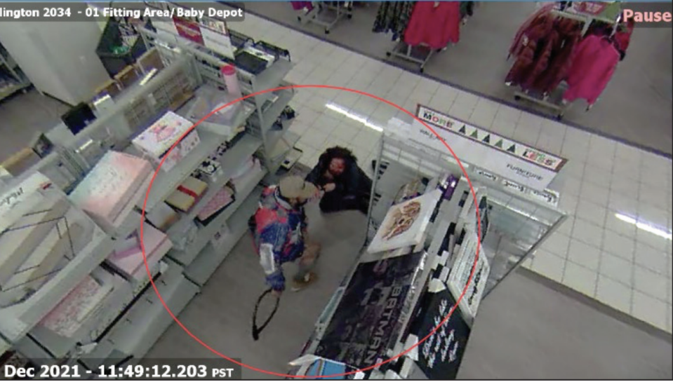 Security images show the moments prior to a deadly police shooting in which Daniel Elena-Lopez attacked a woman with a bike chain before being killed by police on Dec. 23, 2021. (California Department of Justice)