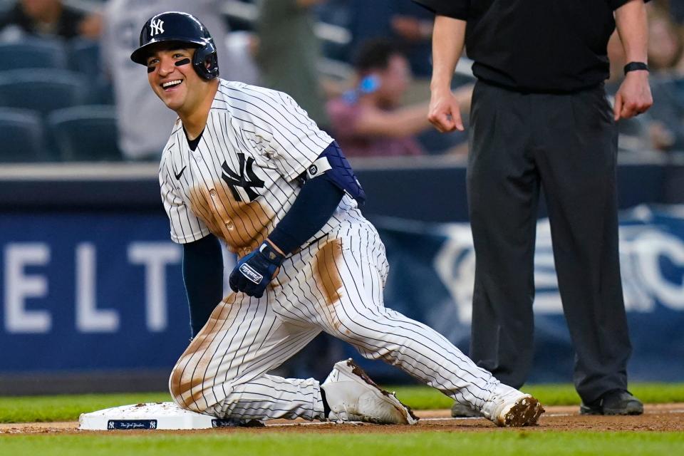 New York Yankees' Jose Trevino smiles after he hit a two-run triple against the Detroit Tigers during the fourth inning on Friday, June 3, 2022, at Yankee Stadium in New York.