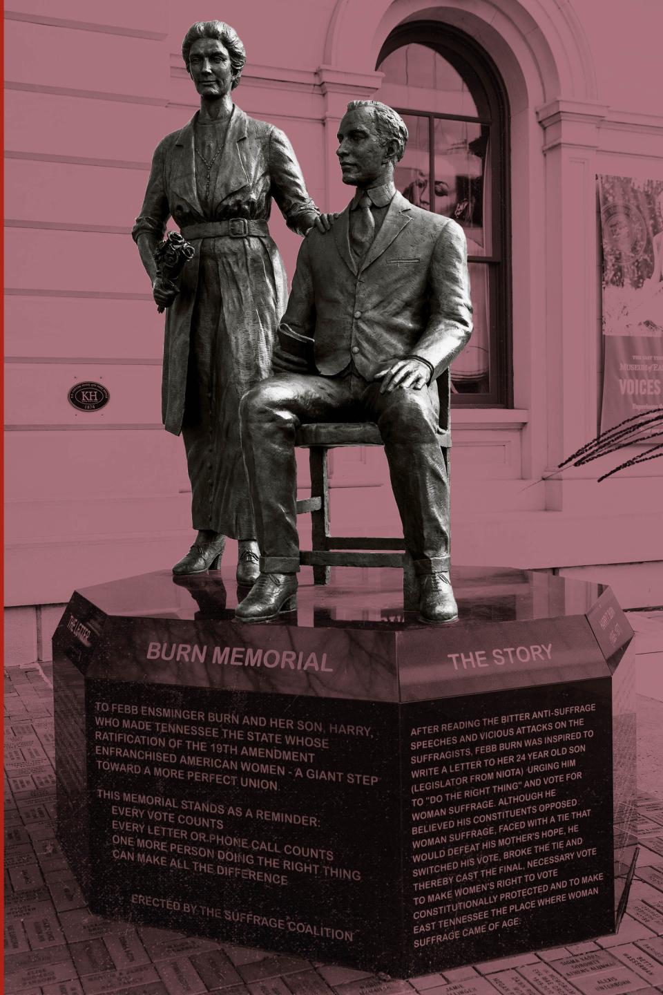 A statue of Febb Ensminger Burn and her son Harry Burn stands at Clinch Avenue and Market Street in downtown Knoxville.