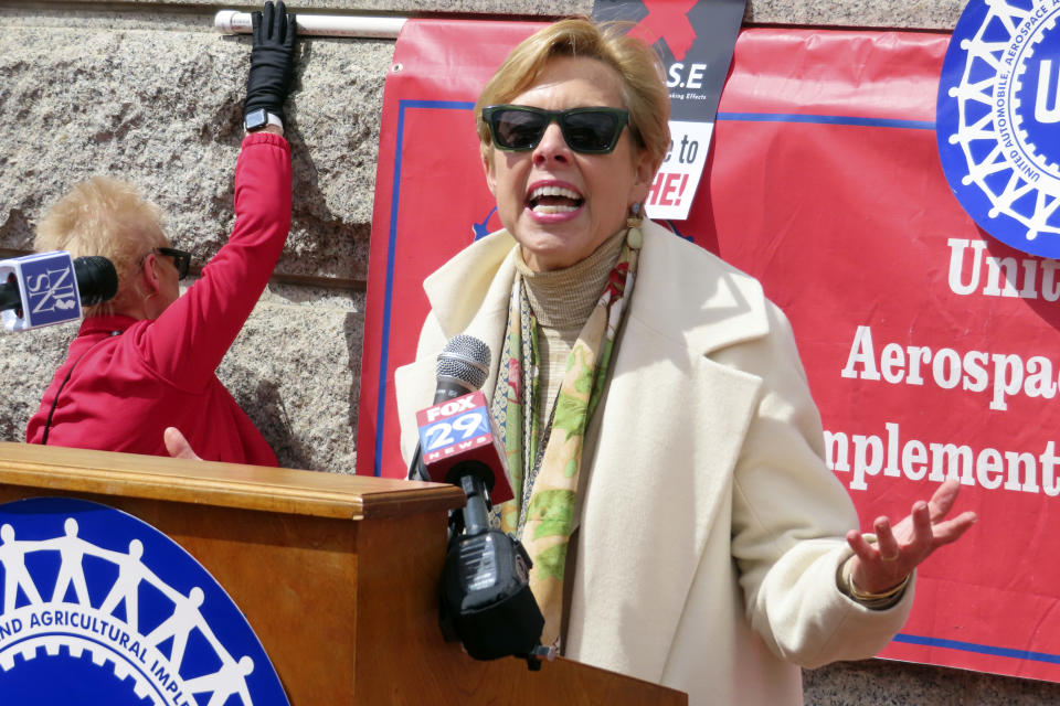 Attorney Nancy Erika Smith speaks during a rally in Trenton N.J., Friday, April 5, 2024, after the United Auto Workers and casino workers filed a lawsuit challenging New Jersey's clean indoor air law that exempts casino workers from its protections. (AP Photo/Wayne Parry)to/Wayne Parry)