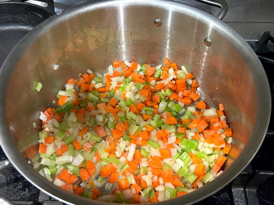 Cooking veggies for Ina Garten's Italian Wedding Soup