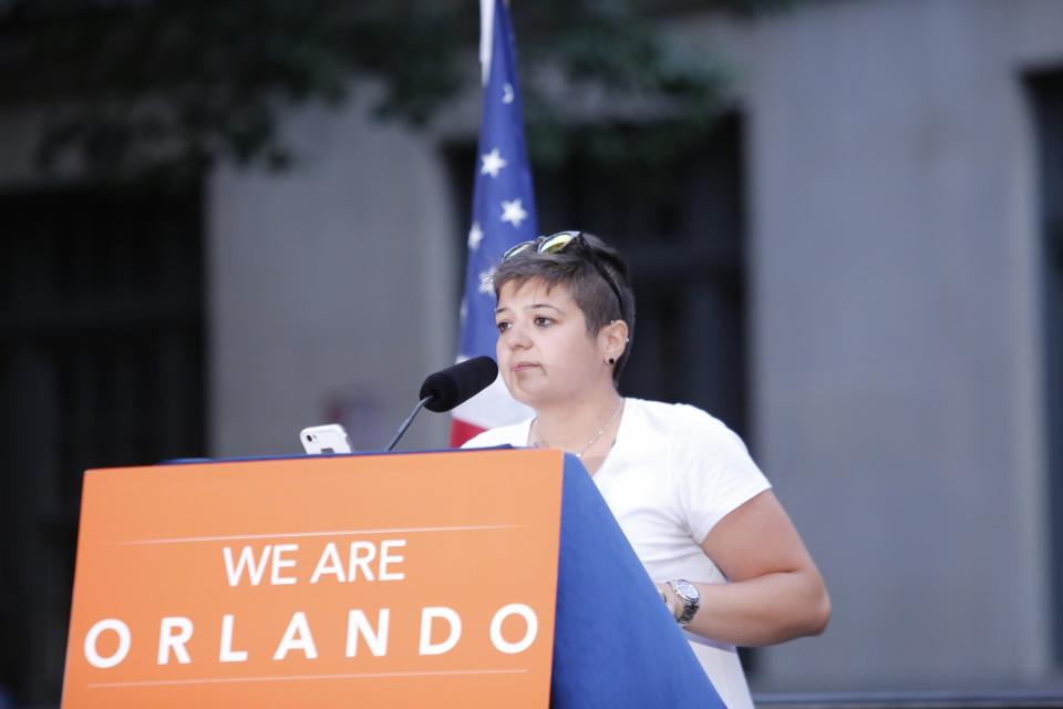 Gay rights activist Mirna Haidar leads a vigil at the Stonewall Inn in New York City on June 13 to honor victims of the Pulse nightclub massacre in Orlando, Fla. (Photo: Andy Katz/Pacific Press/LightRocket via Getty Images)