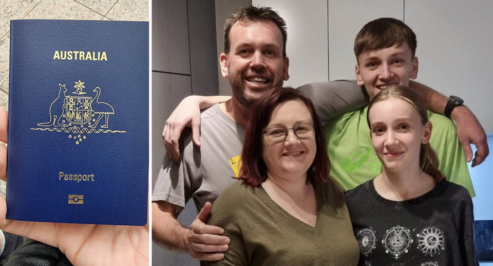 The outside of a passport (left) and the Davis family (right).