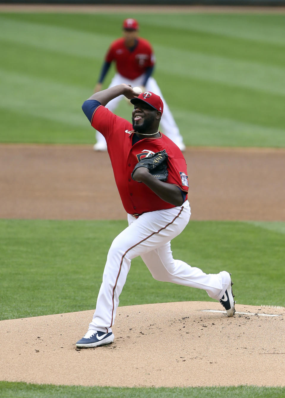 Minnesota Twins pitcher Michael Pineda (35) throws against the Seattle Mariners during the first inning of a baseball game, Saturday, April 10, 2021, in Minneapolis. (AP Photo/Stacy Bengs)