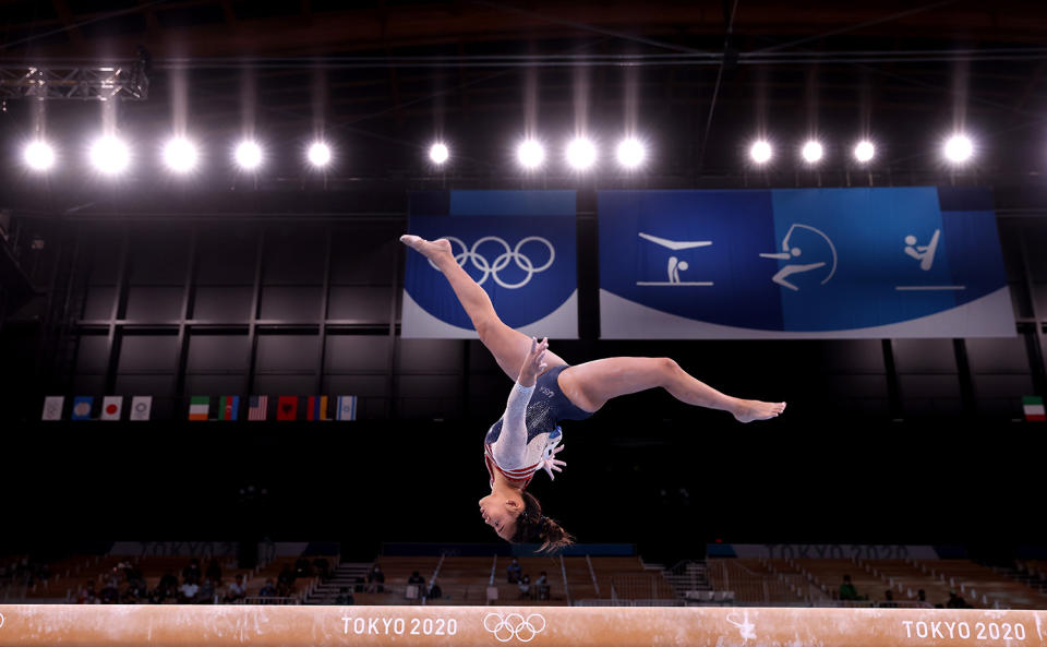 <p>The Olympian landed her spot in the<a href="https://people.com/sports/tokyo-olympics-simone-biles-mykayla-skinner-jordan-chiles-grace-mccallum-cheer-teammates-gymnastics-individual-all-around/" rel="nofollow noopener" target="_blank" data-ylk="slk:individual all-around competition;elm:context_link;itc:0;sec:content-canvas" class="link "> individual all-around competition</a> after her standout performance during the qualifiers, performing an unbelievable routine on the uneven bars that earned her the highest difficulty score in the world.</p>