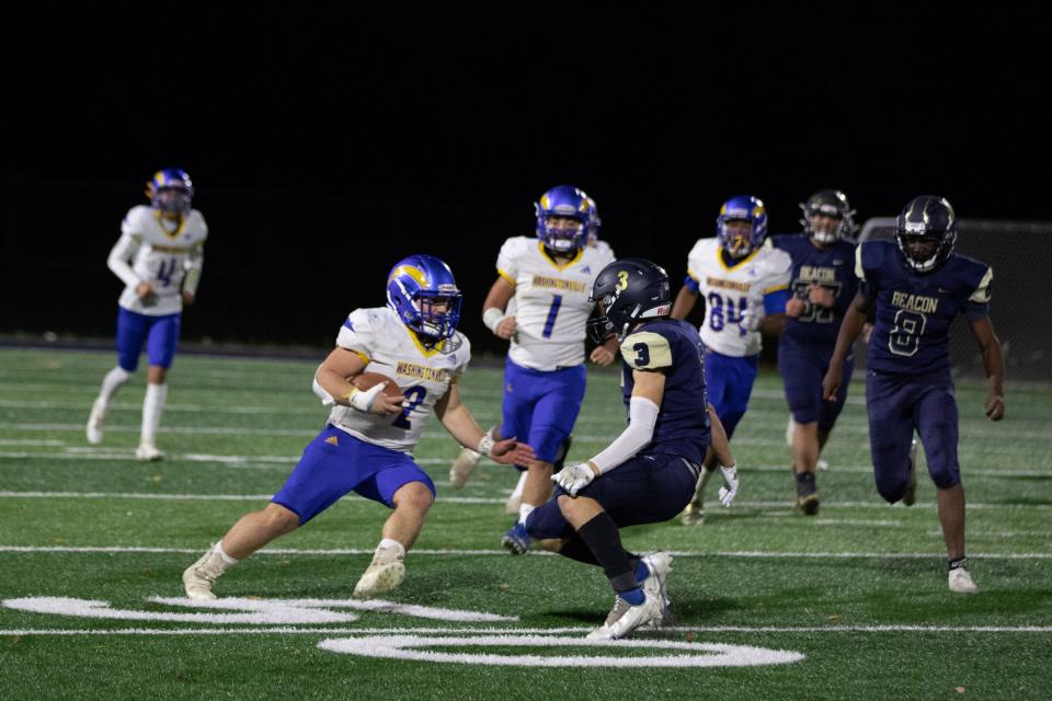 Washingtonville's Ryan Lombardi, left faces off with Beacon's Dan Urbanak, right at a Beacon vs Washingtonville football game in Beacon, NY on Friday October 29, 2021. ALLYSE PULLIAM/For the Times Herald-Record