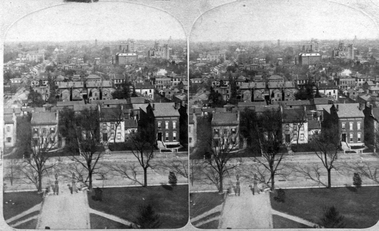 This view, taken around 1882 from the Ohio Statehouse dome, looks east across Third Street. The homes in the foreground were later torn down to build the Central YMCA, which itself was demolished in the early 1920s to erect the former Dispatch headquarters building, which still stands.