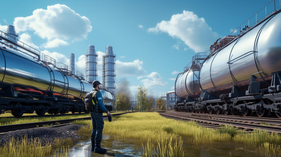 An engineer examining a high-tech tank and freight car, showcasing the company's innovation in railcars.