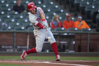 Philadelphia Phillies' Rhys Hoskins hits a single against the San Francisco Giants during the first inning of a baseball game Friday, June 18, 2021, in San Francisco. (AP Photo/Tony Avelar)