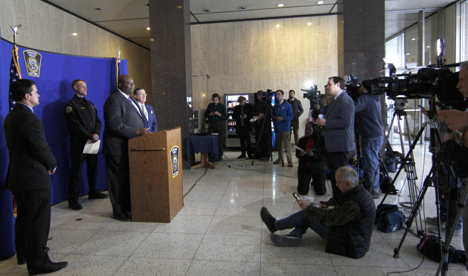 Syracuse Police Chief Kenton T. Buckner speaks during a news conference about Syracuse men's basketball coach Jim Boeheim, in Syracuse, N.Y., Thursday, Feb. 21, 2019. Boeheim struck and killed a man along an interstate late Wednesday night as he tried to avoid hitting the man's disabled vehicle, police say. (AP Photo/Nick Lisi)